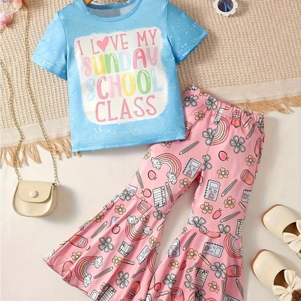 2pcs Girls Cartoon Print Short Sleeve T-shirt and Flare Pants Set - Comfortable